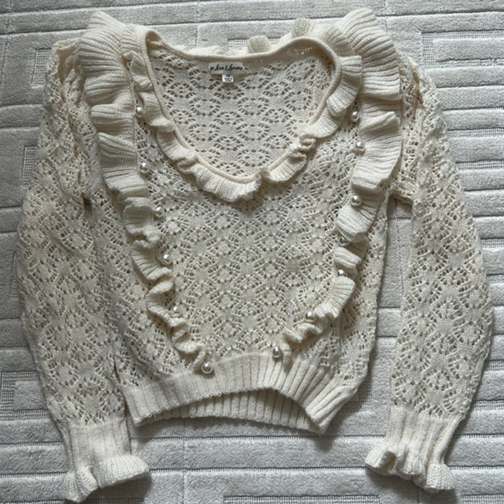 For Love & Lemons Cream Lace Pearl V Neck Sweater XS